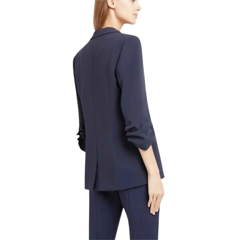 NEW Cinq à Sept Crepe Khloe Blazer 8 Navy Ruched Button Sleeve Closet Essential - Picture 8 of 16
